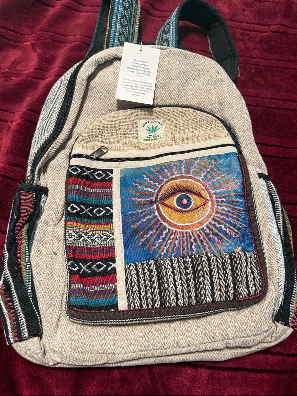 Handcrafted Cream Hemp Backpack with Eye Patch - Unbranded